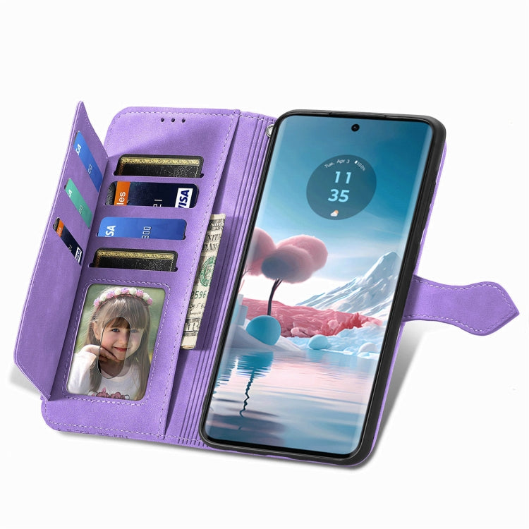 For Motorola Edge 2024 Embossed Flower Zipper Leather Phone Case(Purple)