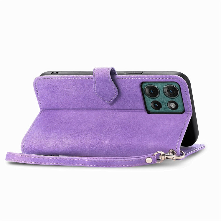 For Motorola Edge 2024 Embossed Flower Zipper Leather Phone Case(Purple)