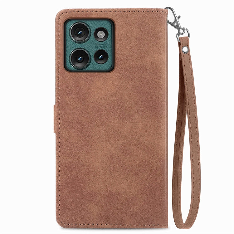 For Motorola Edge 2024 Embossed Flower Zipper Leather Phone Case(Brown)