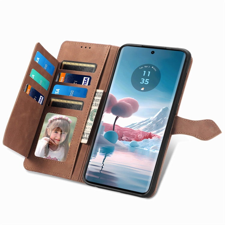 For Motorola Edge 2024 Embossed Flower Zipper Leather Phone Case(Brown)