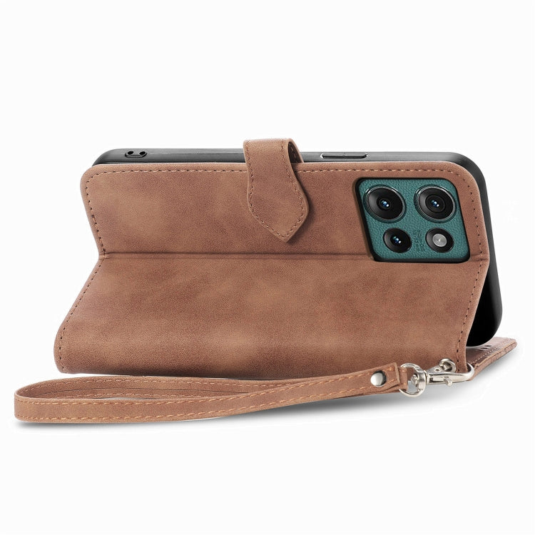 For Motorola Edge 2024 Embossed Flower Zipper Leather Phone Case(Brown)