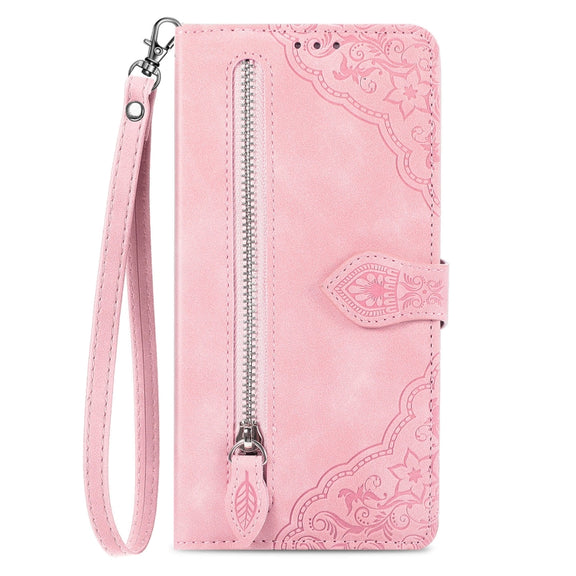 For Honor Magic6 Pro Embossed Flower Zipper Leather Phone Case(Pink)