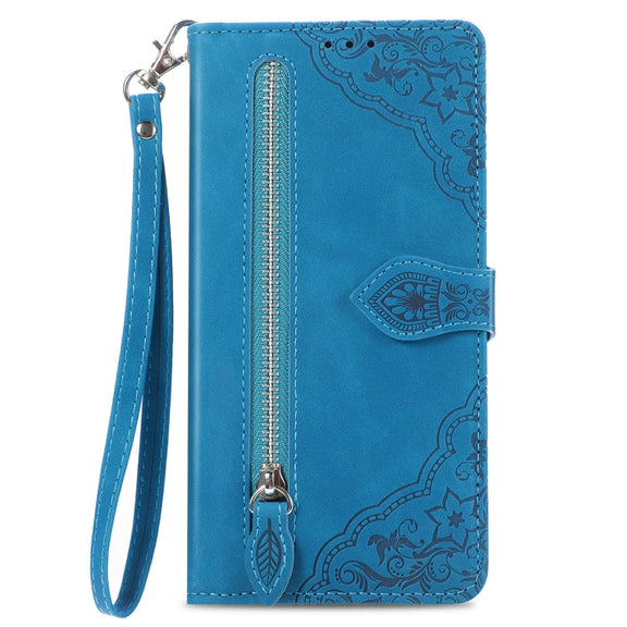 For Honor Magic6 Pro Embossed Flower Zipper Leather Phone Case(Blue)