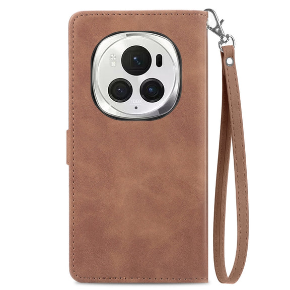 For Honor Magic6 Pro Embossed Flower Zipper Leather Phone Case(Brown)