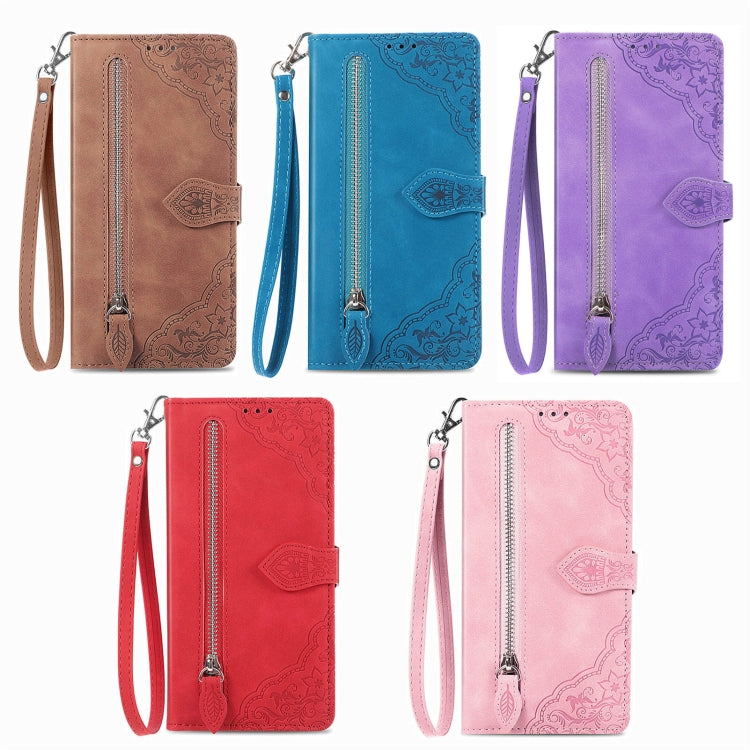 For Honor Magic6 Pro Embossed Flower Zipper Leather Phone Case(Pink)