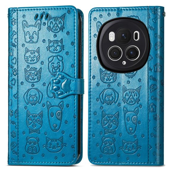 For Honor Magic6 Pro Cat and Dog Embossed Leather Phone Case(Blue)