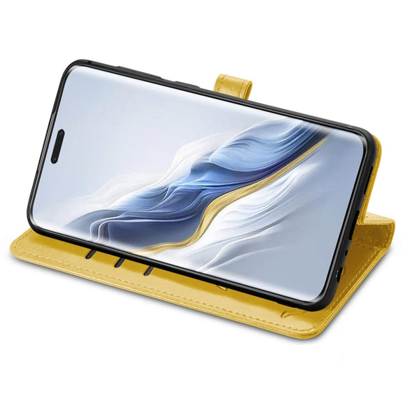 For Honor Magic6 Pro Cat and Dog Embossed Leather Phone Case(Yellow)