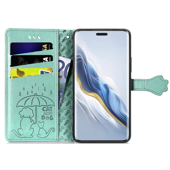 For Honor Magic6 Pro Cat and Dog Embossed Leather Phone Case(Green)