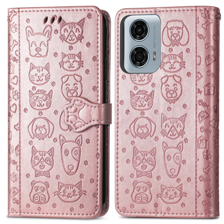 For Motorola MOTO G24 Power Cat and Dog Embossed Leather Phone Case(Rose Gold)