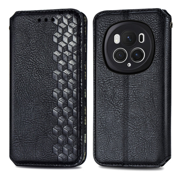 For Honor Magic6 Pro Cubic Grid Pressed Magnetic Leather Phone Case(Black)