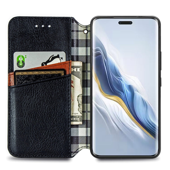 For Honor Magic6 Pro Cubic Grid Pressed Magnetic Leather Phone Case(Black)