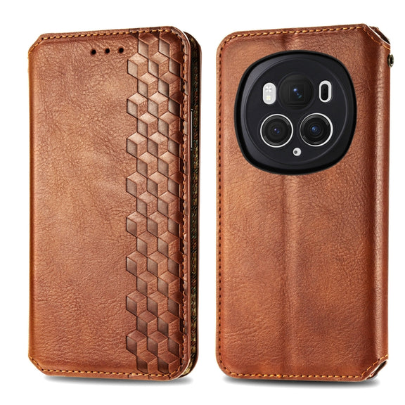 For Honor Magic6 Pro Cubic Grid Pressed Magnetic Leather Phone Case(Brown)