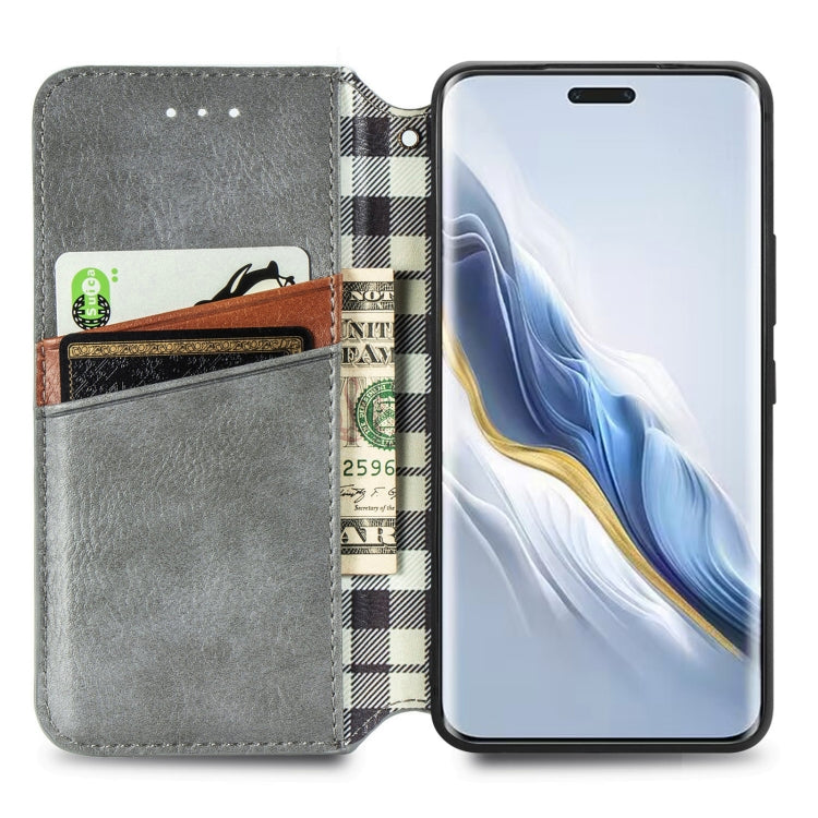 For Honor Magic6 Pro Cubic Grid Pressed Magnetic Leather Phone Case(Grey)