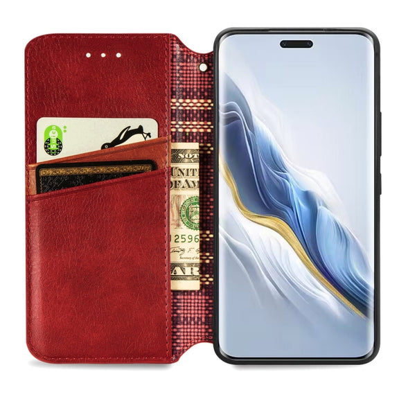 For Honor Magic6 Pro Cubic Grid Pressed Magnetic Leather Phone Case(Red)