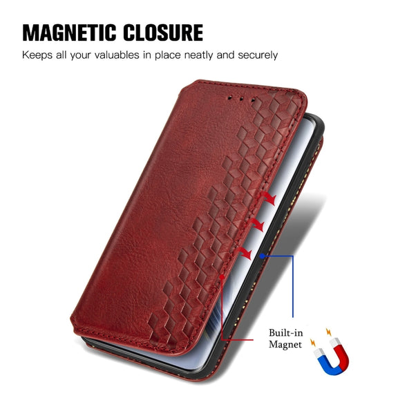 For Honor Magic6 Pro Cubic Grid Pressed Magnetic Leather Phone Case(Red)
