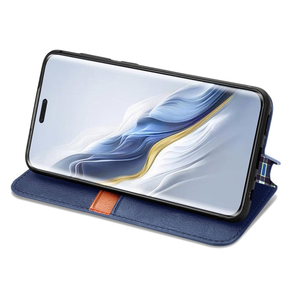 For Honor Magic6 Pro Cubic Grid Pressed Magnetic Leather Phone Case(Blue)