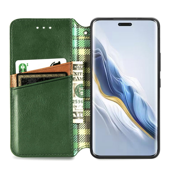 For Honor Magic6 Pro Cubic Grid Pressed Magnetic Leather Phone Case(Green)