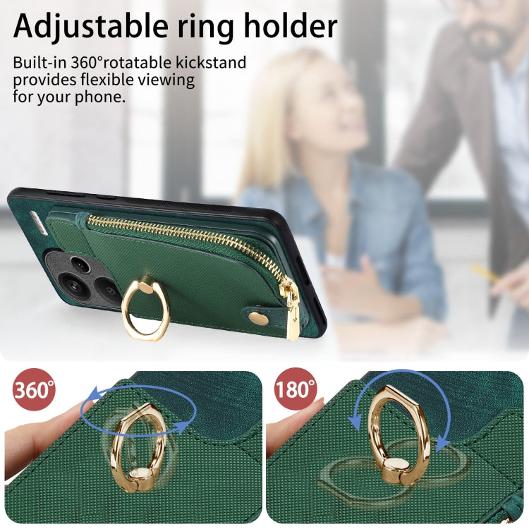 Xiaomi Redmi Note 13 Pro+ Cross Leather Ring Vertical Zipper Wallet Back Phone Case(Green)