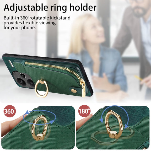 Xiaomi Redmi Note 13 Pro+ Cross Leather Ring Vertical Zipper Wallet Back Phone Case(Green)