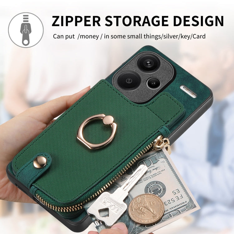 Xiaomi Redmi Note 13 Pro+ Cross Leather Ring Vertical Zipper Wallet Back Phone Case(Green)