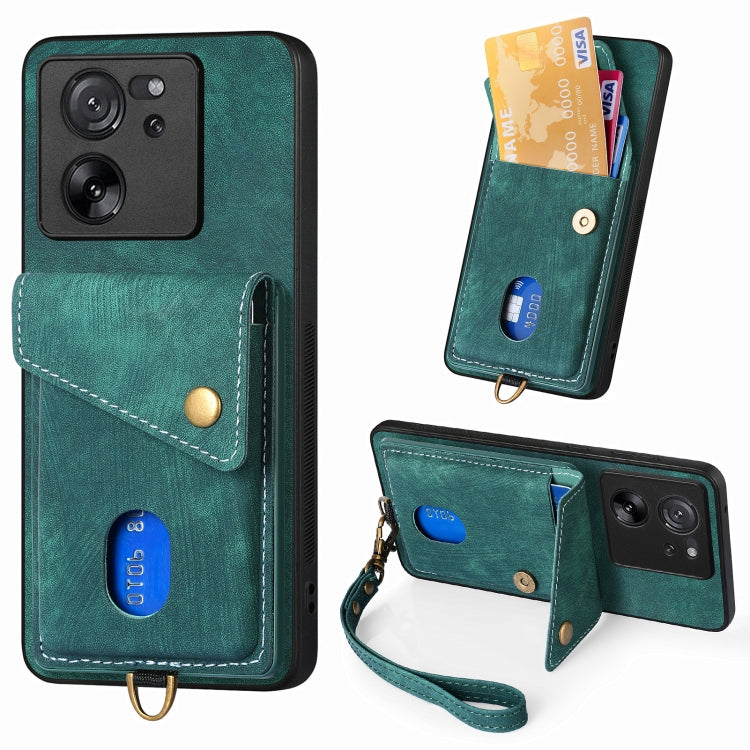 For Xiaomi 13T / 13T Pro Retro Card Wallet Fold Leather Phone Case with Strap(Green)