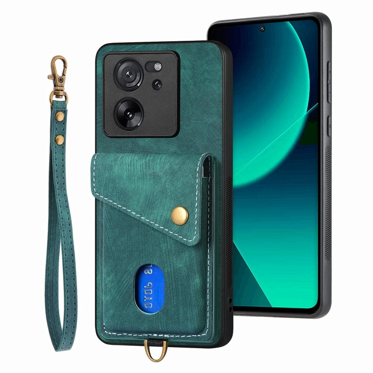 For Xiaomi 13T / 13T Pro Retro Card Wallet Fold Leather Phone Case with Strap(Green)
