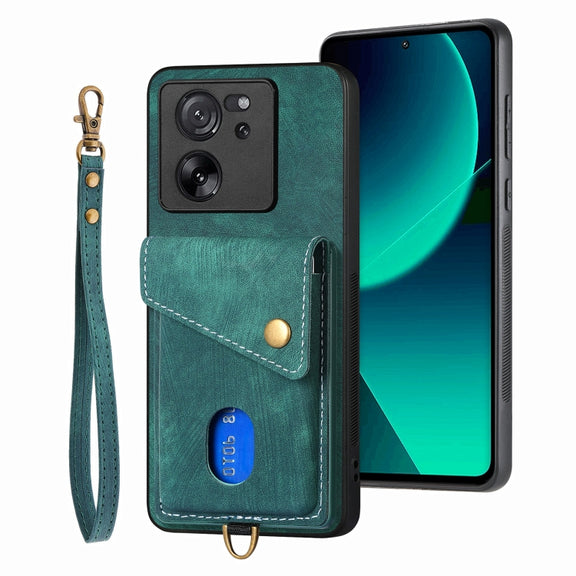 For Xiaomi 13T / 13T Pro Retro Card Wallet Fold Leather Phone Case with Strap(Green)
