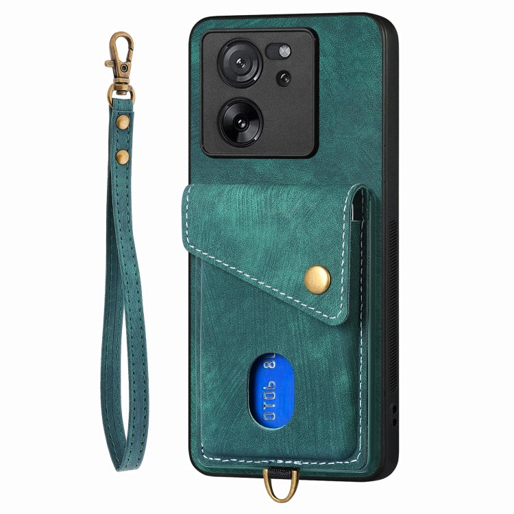 For Xiaomi 13T / 13T Pro Retro Card Wallet Fold Leather Phone Case with Strap(Green)