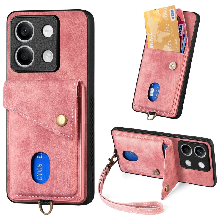 For Xiaomi Redmi Note 13 5G Retro Card Wallet Fold Leather Phone Case with Strap(Pink)