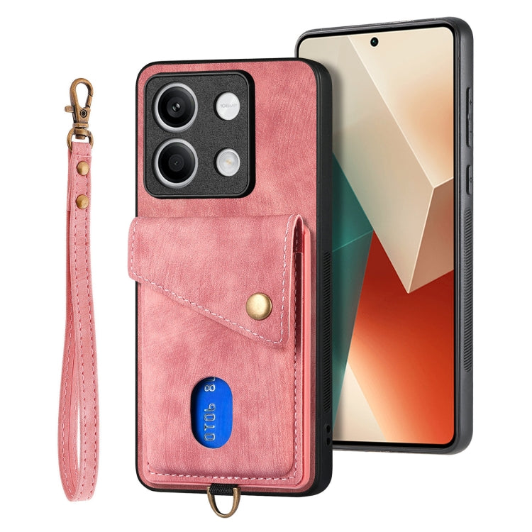 For Xiaomi Redmi Note 13 5G Retro Card Wallet Fold Leather Phone Case with Strap(Pink)