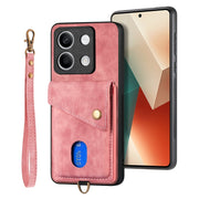 For Xiaomi Redmi Note 13 5G Retro Card Wallet Fold Leather Phone Case with Strap(Pink)