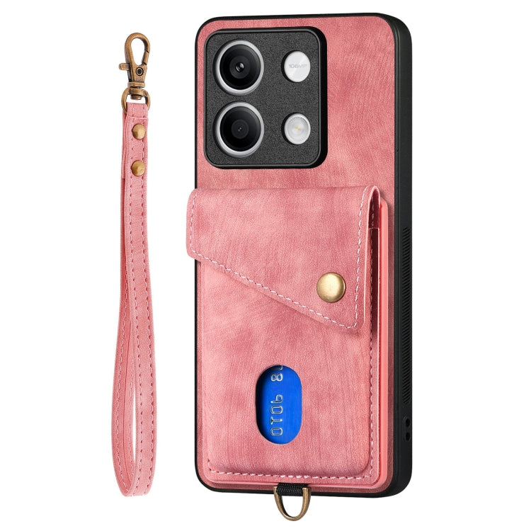 For Xiaomi Redmi Note 13 5G Retro Card Wallet Fold Leather Phone Case with Strap(Pink)