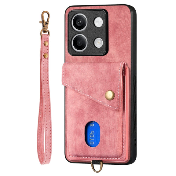 For Xiaomi Redmi Note 13 5G Retro Card Wallet Fold Leather Phone Case with Strap(Pink)