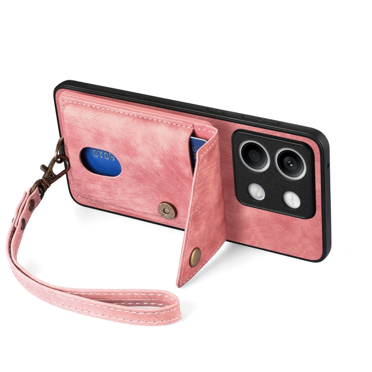 For Xiaomi Redmi Note 13 5G Retro Card Wallet Fold Leather Phone Case with Strap(Pink)