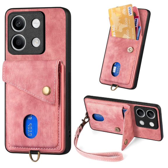 For Xiaomi Redmi Note 13 5G Retro Card Wallet Fold Leather Phone Case with Strap(Pink)
