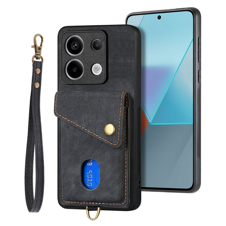 For Xiaomi Redmi Note 13 Pro 5G Retro Card Wallet Fold Leather Phone Case with Strap(Black)