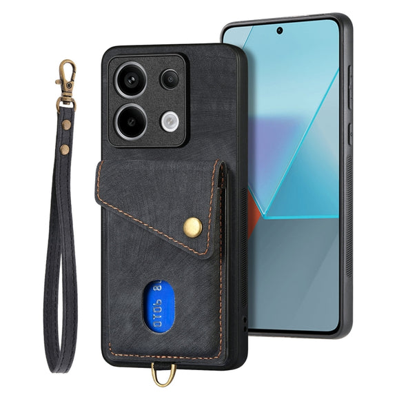 For Xiaomi Redmi Note 13 Pro 5G Retro Card Wallet Fold Leather Phone Case with Strap(Black)