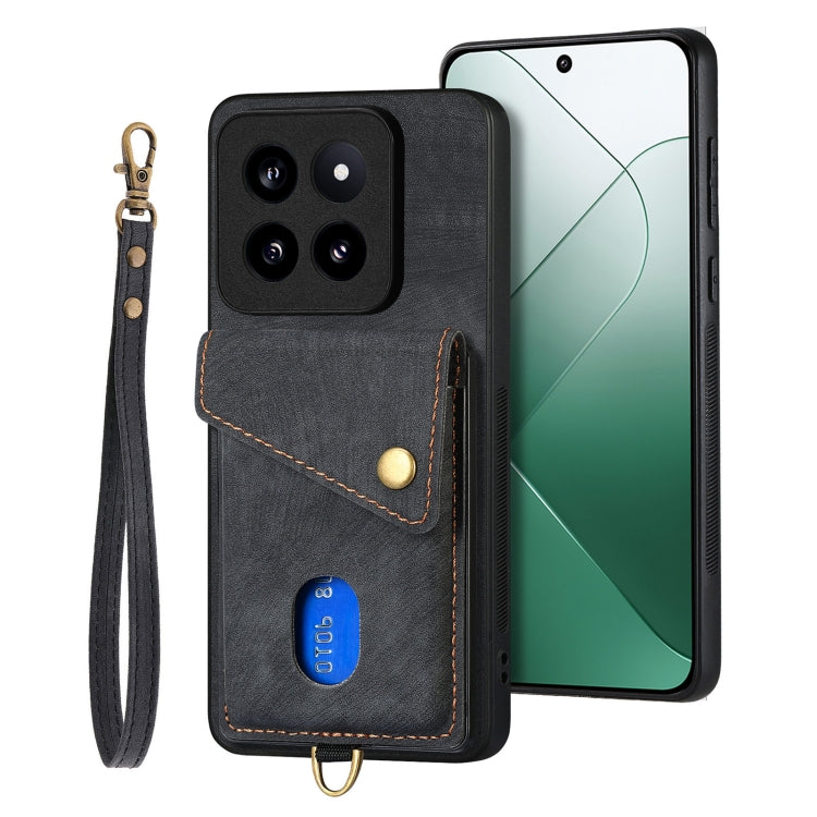 For Xiaomi 14 Pro Retro Card Wallet Fold Leather Phone Case with Strap(Black)