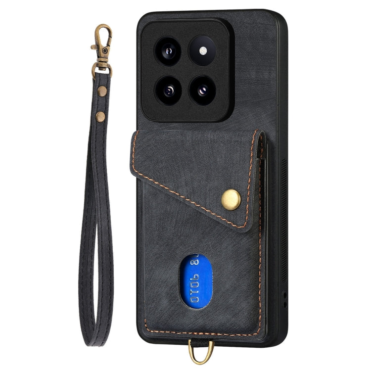 For Xiaomi 14 Pro Retro Card Wallet Fold Leather Phone Case with Strap(Black)