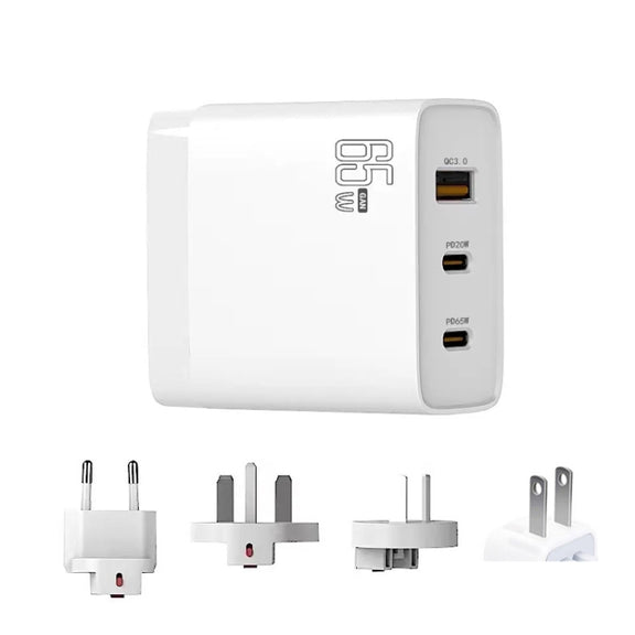 GAN 65W PD45W Dual Type-C+QC3.0 USB Multi Compatible Laptop Adapter EU + US + AU + UK Plug White
