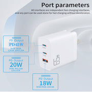 GAN 65W PD45W Dual Type-C+QC3.0 USB Multi Compatible Laptop Adapter EU + US + AU + UK Plug White