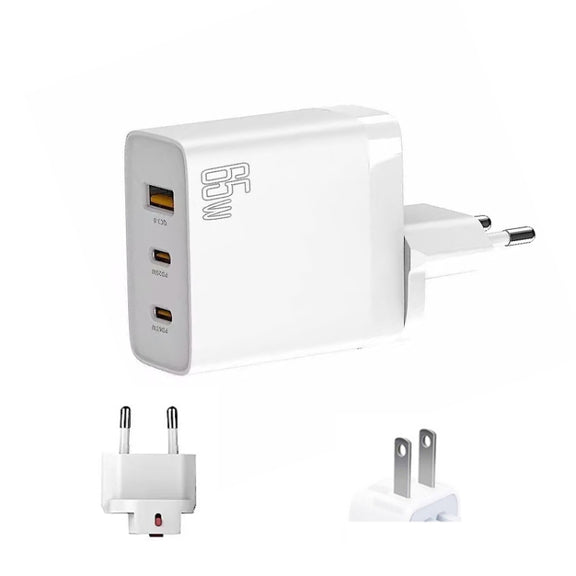 GAN 65W PD45W Dual Type-C / QC3.0 USB  Multi Compatible Charger + 2m USB-C to USB-C Data Cable EU + US Plug White