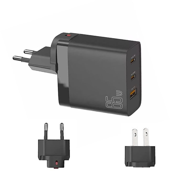 GAN 65W PD45W Dual Type-C / QC3.0 USB  Multi Compatible Charger + 2m USB-C to USB-C Data Cable EU + US Plug Black