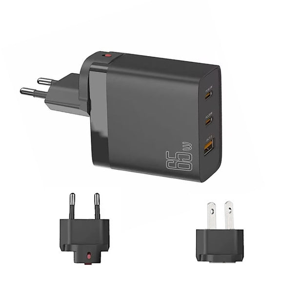 GAN 65W PD45W Dual Type-C / QC3.0 USB  Multi Compatible Charger + 2m USB-C to USB-C Data Cable EU + US Plug Black