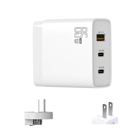 GAN 65W PD45W Dual Type-C / QC3.0 USB  Multi Compatible Charger + 2m USB-C to USB-C Data Cable AU + US Plug White