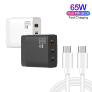 GAN 65W PD45W Dual Type-C / QC3.0 USB  Multi Compatible Charger + 2m USB-C to USB-C Data Cable AU + US Plug Black