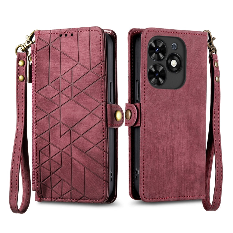 For Tecno Spark Go 2024 Geometric Zipper Wallet Side Buckle Leather Phone Case(Red)