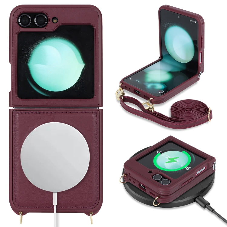 For Samsung Galaxy Z Flip5 5G Crossbody R20 Texture Leather Magsafe Phone Case(Brown)
