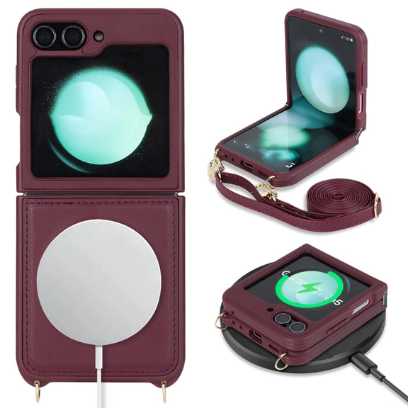 For Samsung Galaxy Z Flip5 5G Crossbody R20 Texture Leather Magsafe Phone Case(Brown)