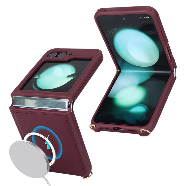 For Samsung Galaxy Z Flip5 5G Crossbody R20 Texture Leather Magsafe Phone Case(Brown)